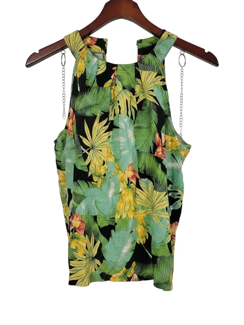 Nicole Miller Tropical Leaf Print Tank Top - Black/Green/Yellow